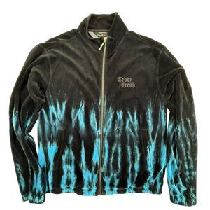 Teddy Fresh Tie Dye Flame Velour Zip Up Jacket Men Small Blue Black
